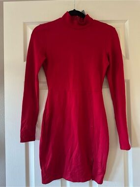 Long Sleeve Red Mock Neck Women's Dress